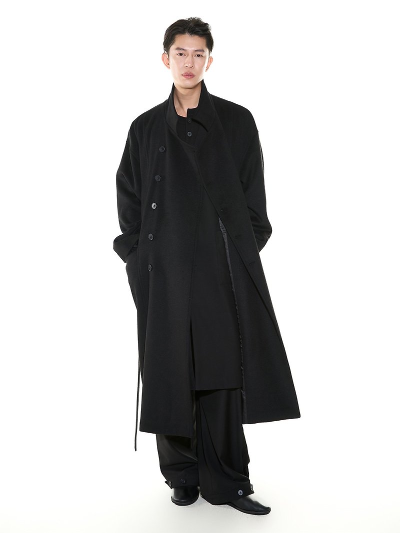 羊毛絨立領中式大衣秋冬男女黑色長款毛呢外套 - 男夾克/外套 - 其他材質 黑色