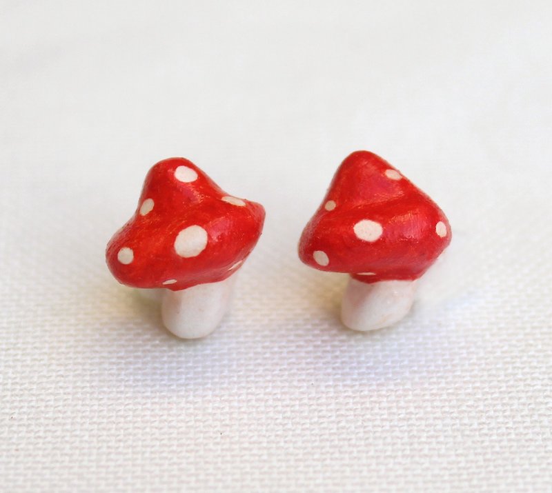 小蘑菇 耳環 / 可改耳夾 - 耳環/耳夾 - 黏土 紅色