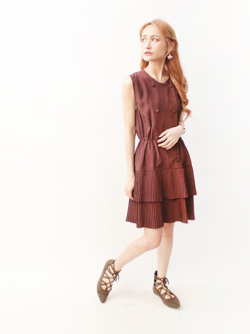 韓國製復古典雅百摺棕色無袖古著洋裝Vintage Dress - 連身裙 - 聚酯纖維 咖啡色