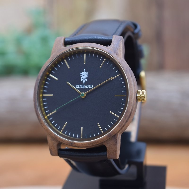 EINBAND Glanz BLACK 40mm Wooden Watch Black Leather Belt - 男裝錶/中性錶 - 木頭 咖啡色