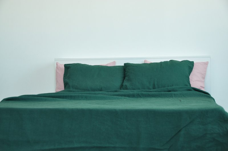 Forest green linen flat sheet/Linen bedsheet/Softened stonewashed linen sheet - 寢具/床包 - 亞麻 綠色