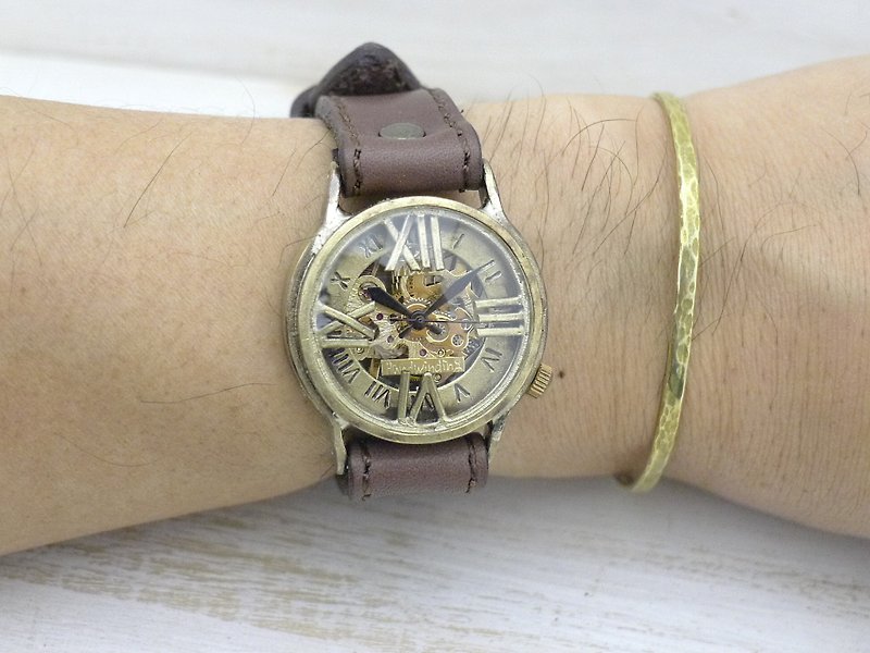 手作り腕時計 BHW120 手巻きBrass32mm ローマ数字フローティング ミシンステッチベルト - 女錶 - 銅/黃銅 金色