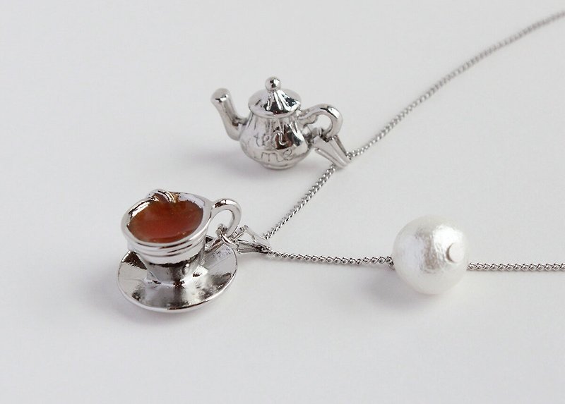 Tea Party Tea Cup Necklace Silver - Necklaces - Copper & Brass Silver