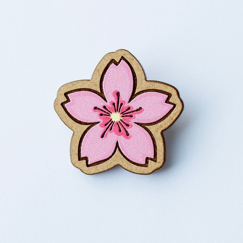 彩繪木製胸針-櫻花 - 胸針/心口針 - 木頭 粉紅色