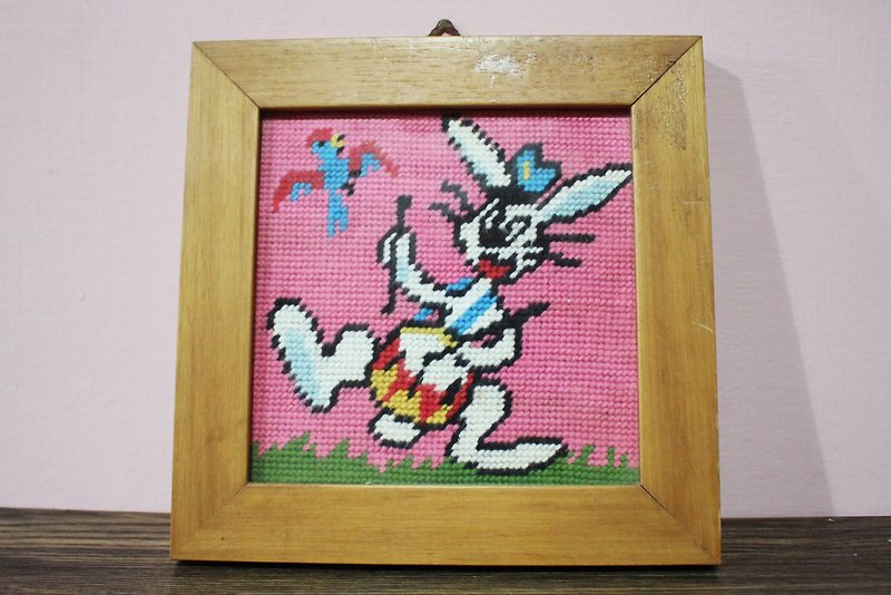 Antique Fairy Farm Factory (Italy returns) European antique hand-knitted playboy drum rabbit wood frame square ornaments (birthday gift / Valentine's Day gift) - Items for Display - Wood Brown