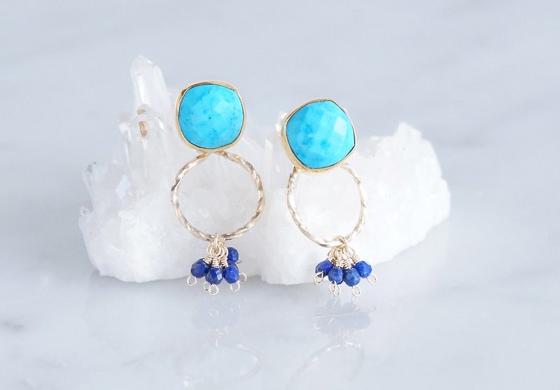 2way Stud Earrings,Gemstone Blue Turquoise,Lapis Lazuli - 耳環/耳夾 - 寶石 藍色