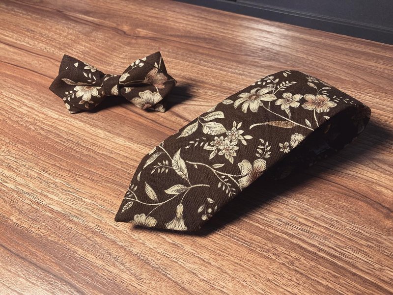 咖復古花 領帶 Neckties - 領帶/領帶夾 - 棉．麻 咖啡色