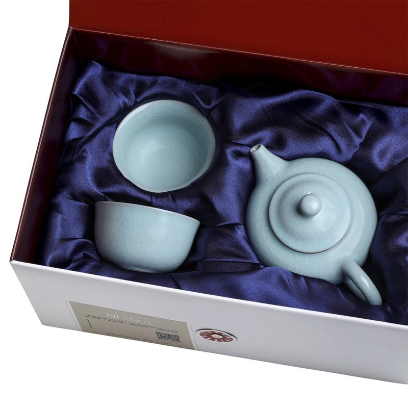 Celadon Ru kiln (Tixiang pot + 2 incense cups) 3-piece gift box - Teapots & Teacups - Pottery Blue