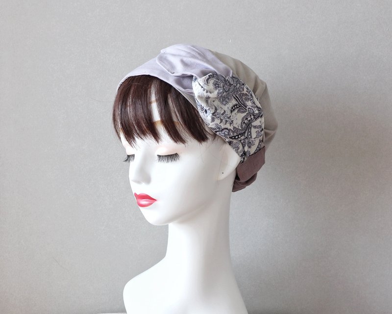 Monotone flower lover pattern & violet sash ribbon and beige hair turban Medical cap/Care cap Care cap - Hair Accessories - Cotton & Hemp Purple