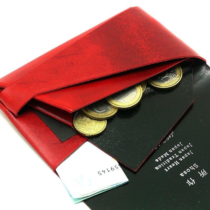 Japanese handmade-Shosa vegetable tanned leather coin purse-low-key luxury / red and black - Coin Purses - Genuine Leather 
