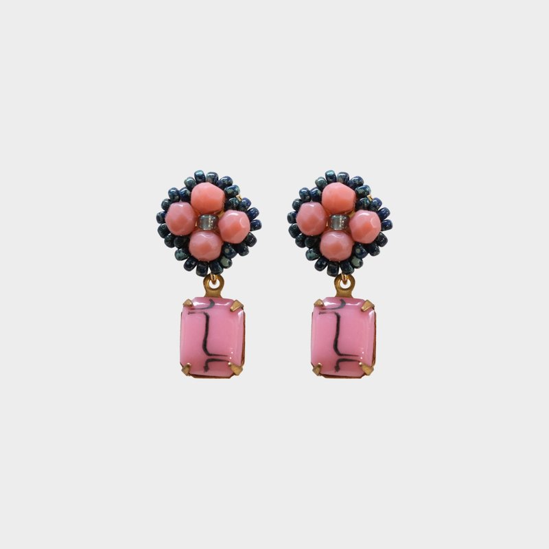 Pink Flower with Vintage Glass Pendent Earrings - ต่างหู - แก้ว สึชมพู