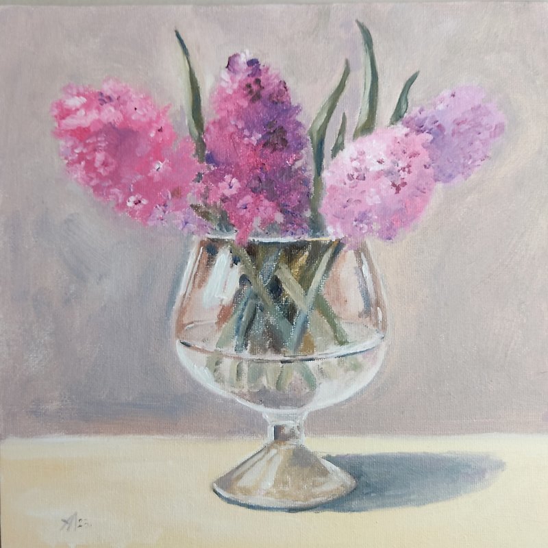 Hyacinth oil painting on canvas original oil art flowers art work - Wall Décor - Other Materials Pink