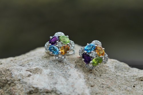 星空寶石 ∣ Starry Gems 脈輪耳環。紫黃水晶。貴橄欖。拓帕石∣禮物 母親節 畢業