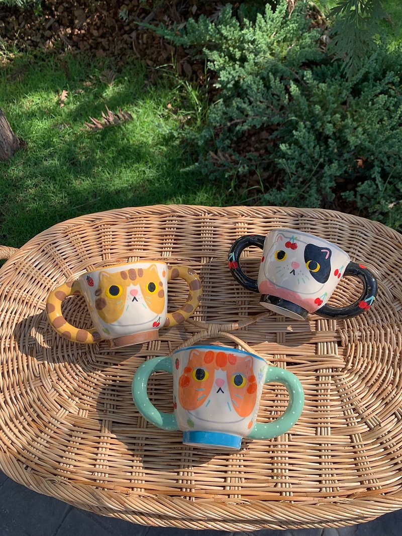 2 Handle Cup Cat - Pottery & Ceramics - Pottery Multicolor