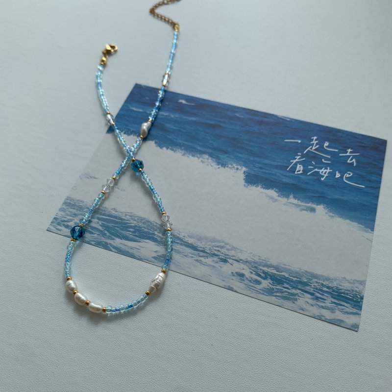 Watch the sea together/Handmade beaded necklace/Freshwater pearls, natural colored Stone, beads imported from Japan - สร้อยคอ - วัสดุอื่นๆ 