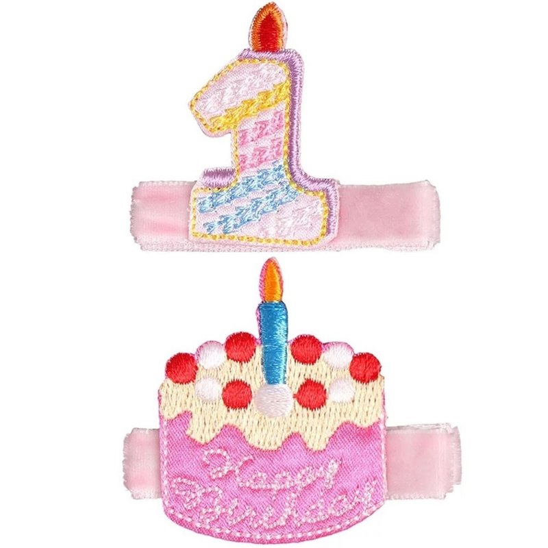 一歲生日蛋糕髮夾兩入組 全包布手工髮飾1th Birthday Cake - 髮夾/髮圈 - 聚酯纖維 粉紅色