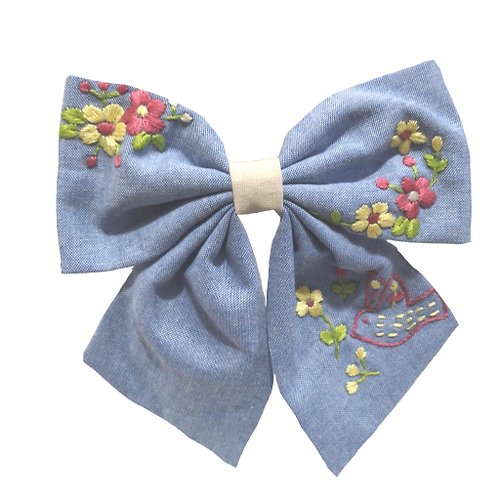 gailstudio Hand-embroidered hair bow, blue color, alternating color in the middle with cream color, cotton fabric, bird and flower lover pattern design