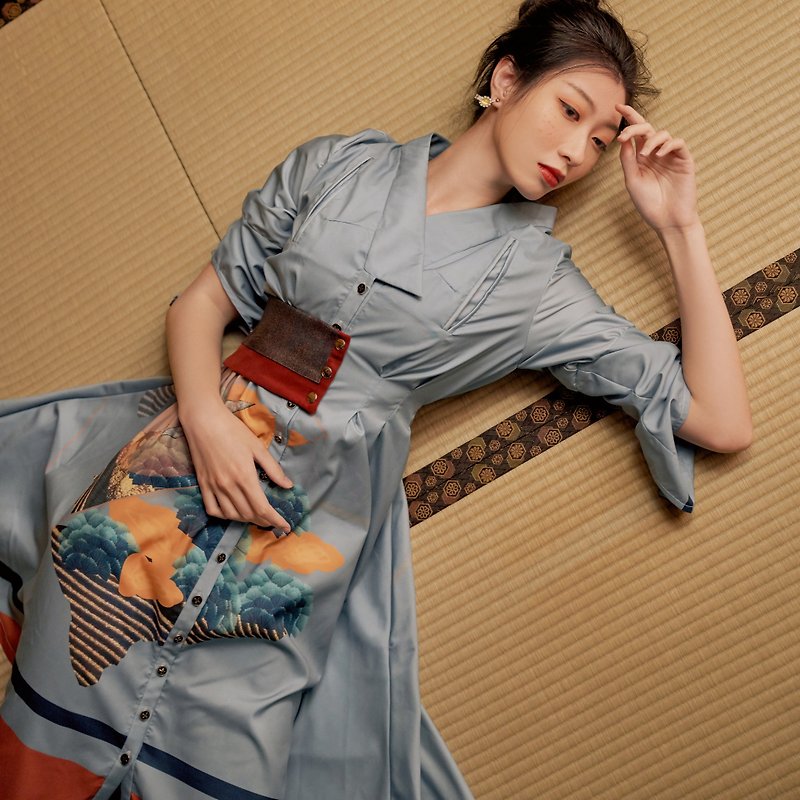 【The Ukiyoe】Foggy Blue Printed Irregular Long Dress - One Piece Dresses - Other Materials 