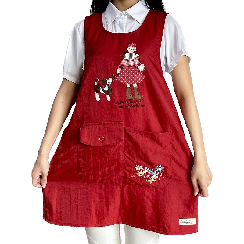 Mercerized cotton dog walking girl's 4-pocket apron - red - ผ้ากันเปื้อน - วัสดุอื่นๆ 