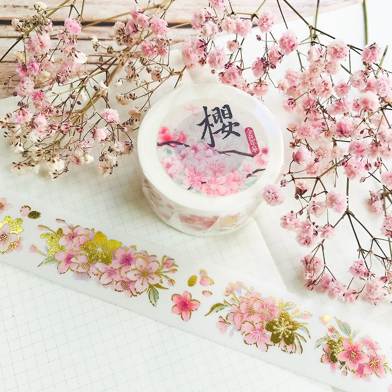 2.5cm Maskingtape-cherry blossoms-Gold stamping - Washi Tape - Paper Pink