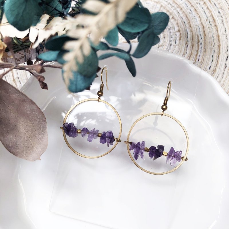 Amethyst circle Bronze Clip-On earrings can be changed - ต่างหู - ทองแดงทองเหลือง หลากหลายสี