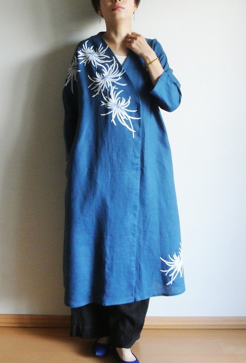 Linen haori and Rangiku - เสื้อแจ็คเก็ต - ผ้าฝ้าย/ผ้าลินิน สีน้ำเงิน