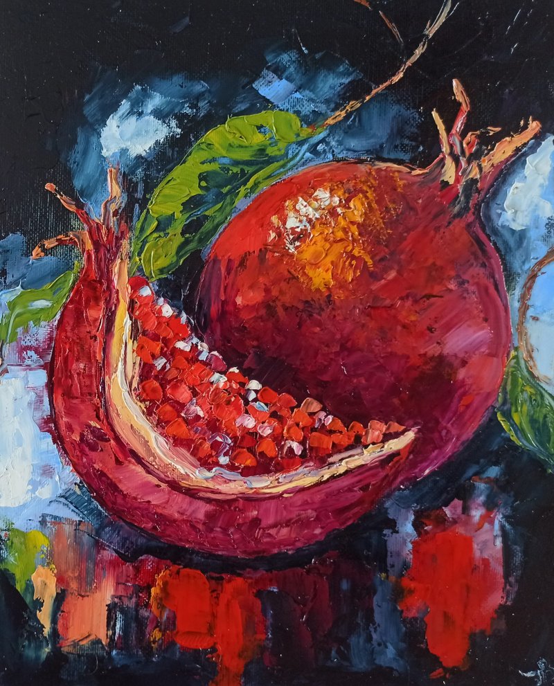 Original Oil Painting Red Pomegranate on Canvas board 30x24cm Impasto Artwork - 海報/掛畫/掛布 - 其他材質 