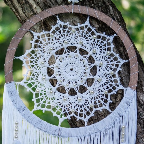 Crochet Fashion Studio Janine 手工編織 捕 White dreamcatcher for wall decor Boho style Yarn wall hanging Yoga decor