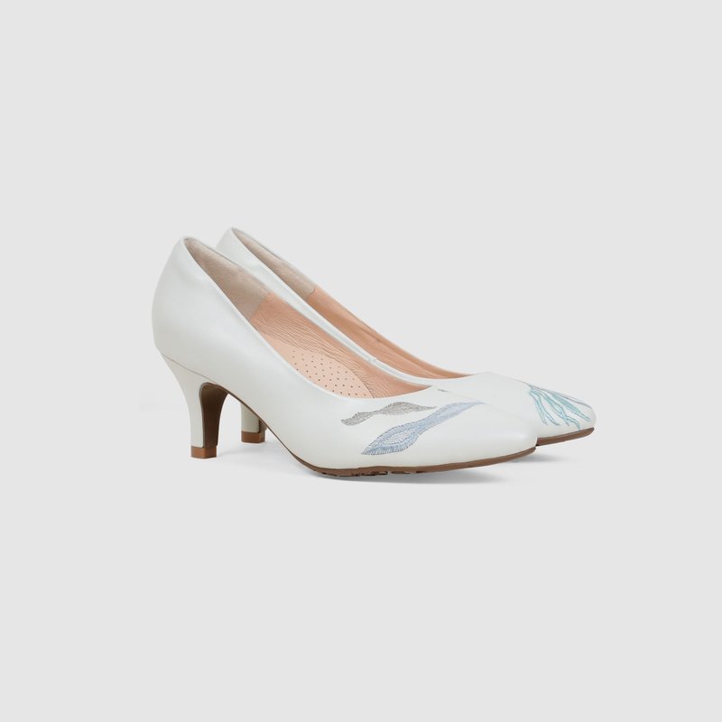刺繡尖頭跟鞋- 珊瑚海/米白 - 高跟鞋/跟鞋 - 真皮 白色