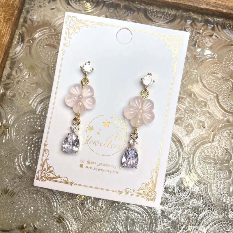 Rose quartz flower earrings - ต่างหู - คริสตัล หลากหลายสี