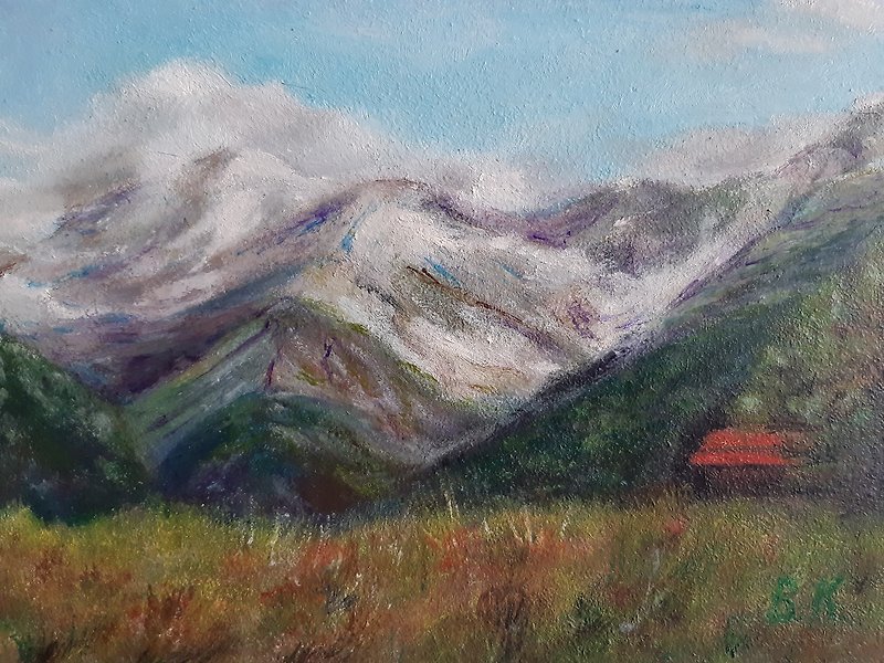 販売されました。オリジナルの油絵、山の家、ジョージア州 - ウォールデコ・壁紙 - 木製 ブルー