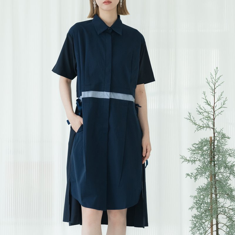 シンプルなカラーブロック-カレッジスタイル半袖ドレス-ブルー - ワンピース - コットン・麻 ブルー