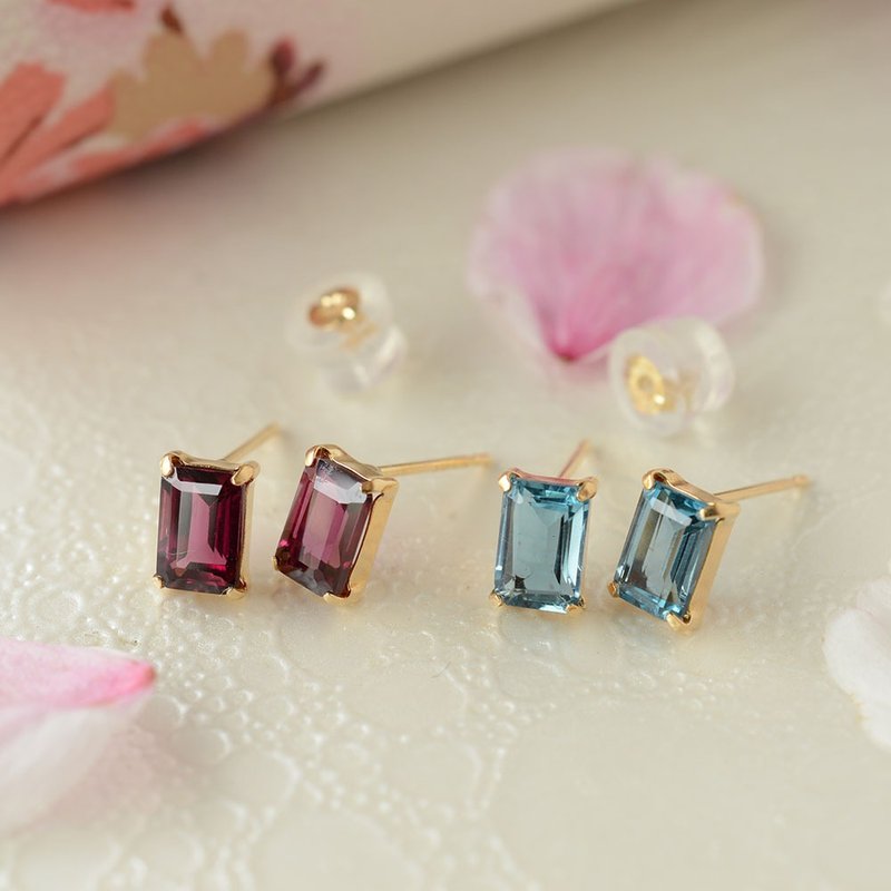 London Blue Topaz | Rhodolite Garnet | Stud Earrings K18 - Earrings & Clip-ons - Gemstone 