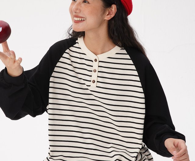 オッドメーカー 和風 白黒 ストライプ 配色 長袖 Tシャツ