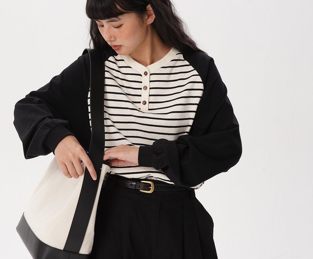 オッドメーカー 和風 白黒 ストライプ 配色 長袖 Tシャツ