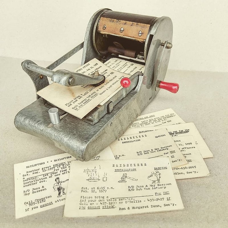 アメリカの1970年代 - アンティークマニュアルロータリープレス+カード - はんこ・スタンプ台 - 金属 シルバー