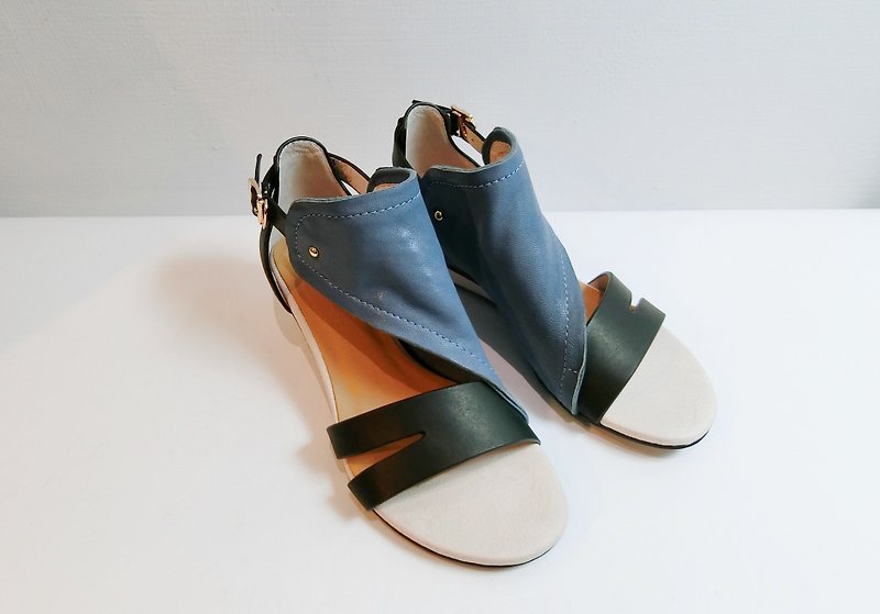 Painting # 8051 || calfskin + sheepskin wedge sandals with blueberry black forest || - Sandals - Genuine Leather Blue