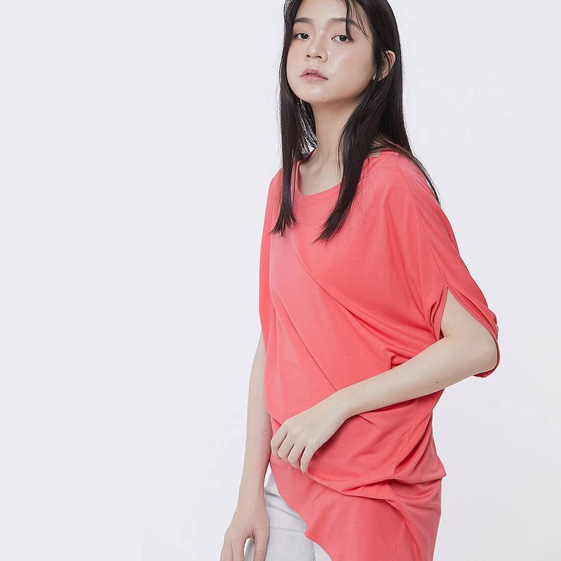 落肩不對稱上衣 /桃紅  Nancy - 背心/無袖上衣 - 棉．麻 紅色