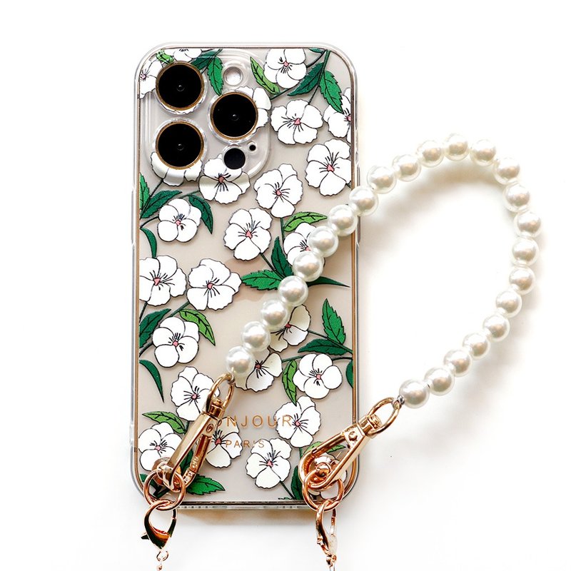 iPhone16/15/14/13/12 Paris Series-Xiaoxianghua Pearl Chain Strap Phone Case - เคส/ซองมือถือ - พลาสติก ขาว