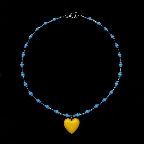 viviandear 軟陶串珠項鍊 黃藍 愛心項鍊