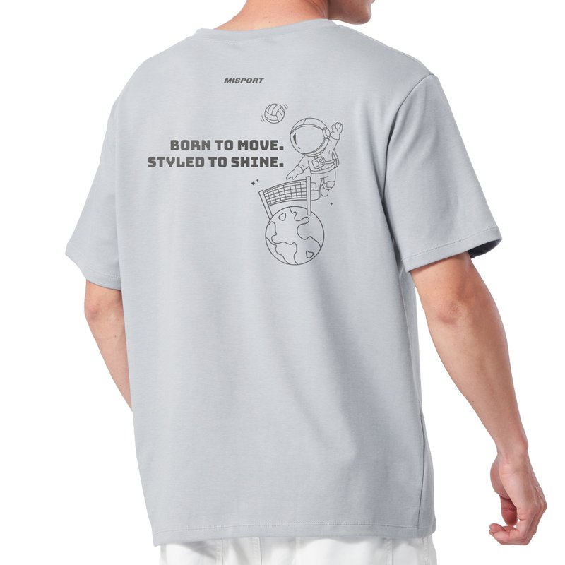 立体機能コットンTシャツ - スポーツ宇宙飛行士 - バックプリントラインアート - バレーボール 機能服 MIT台湾製 - スポーツトップス メンズ - ポリエステル グレー