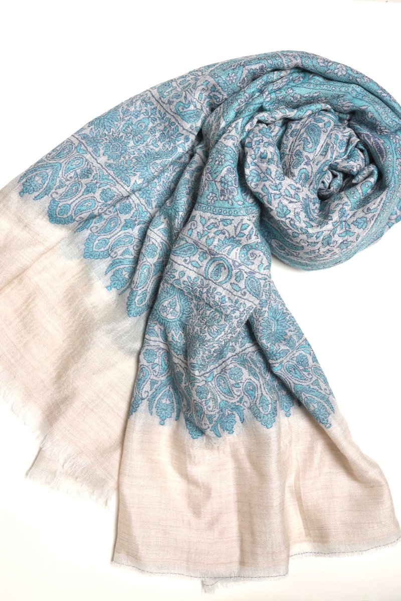 [Christmas Gift Box] Cashmere Cashmere Woven Kanimi White Light Water Teal Cashew Garden Scarf Shawl - Knit Scarves & Wraps - Wool Blue