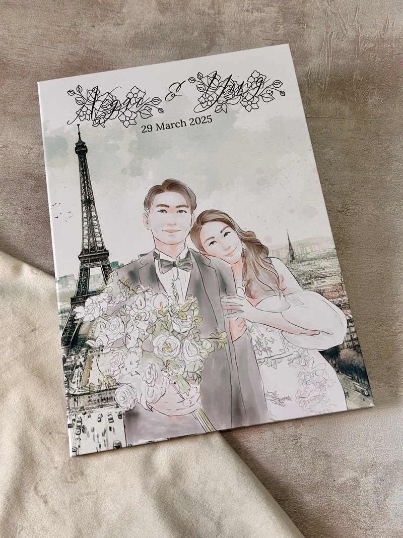 MYLoveHK 手繪似顏人像 婚照水彩風証書封套客製化禮物 出世紙 - 結婚書約 - 紙 