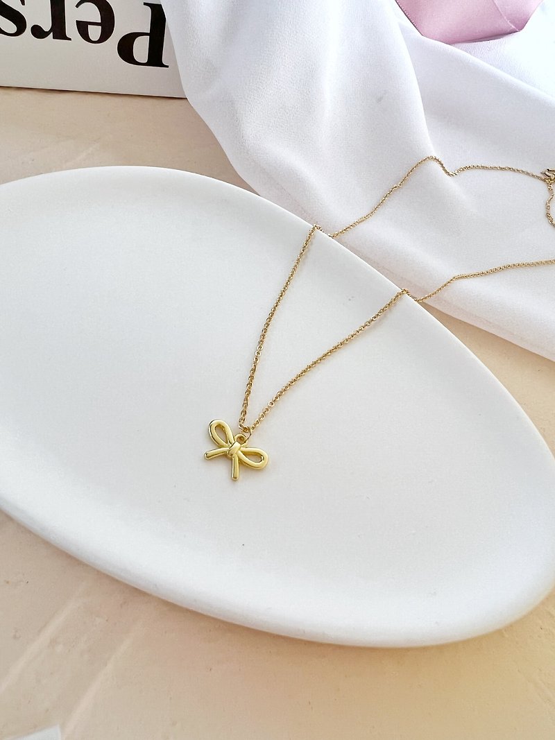 【Delicate Gift Box】Bow Necklace S925 18KGF-Little Princess #Simple, cute and ver - Necklaces - Sterling Silver Gold