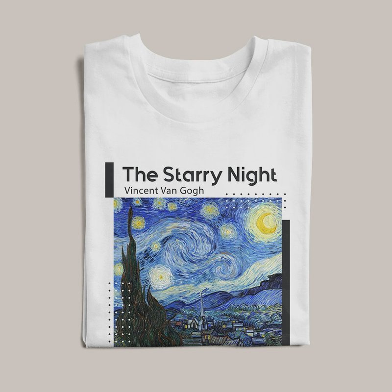 古典絵画/ゴッホ星月夜/半袖Tシャツ/白 - Tシャツ - コットン・麻 ホワイト