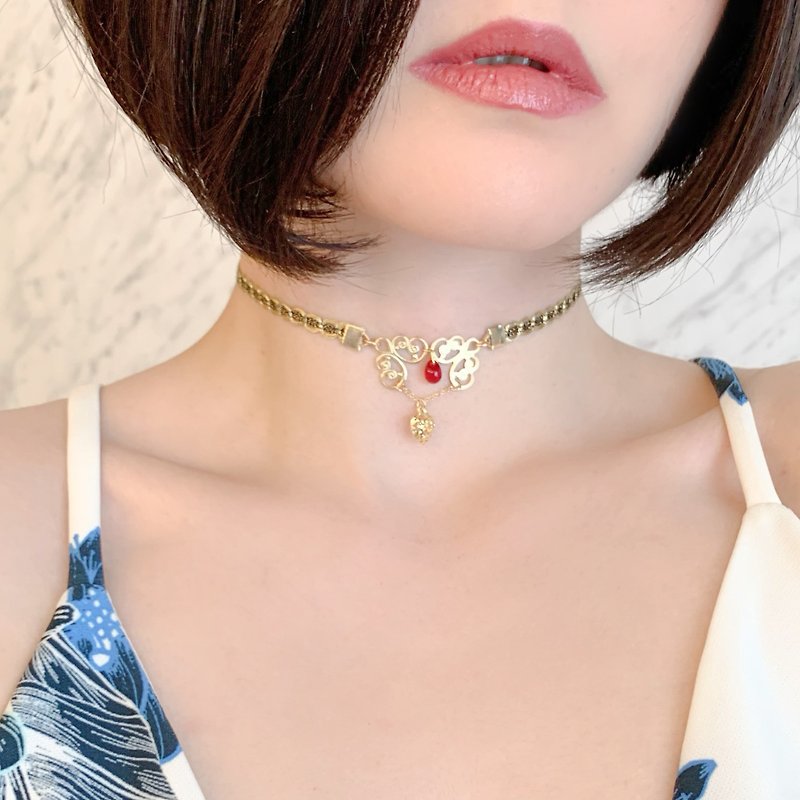 Gold / Bloody Night / Gold lace and red drop choker SV151G - Chokers - Polyester Gold