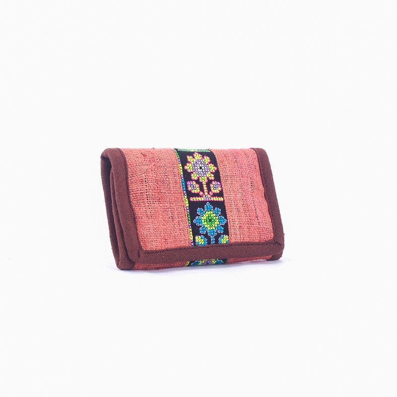Tribal short hemp wallet embroidery flower craft women wallet  cute wallet - 長短皮夾/錢包 - 棉．麻 橘色