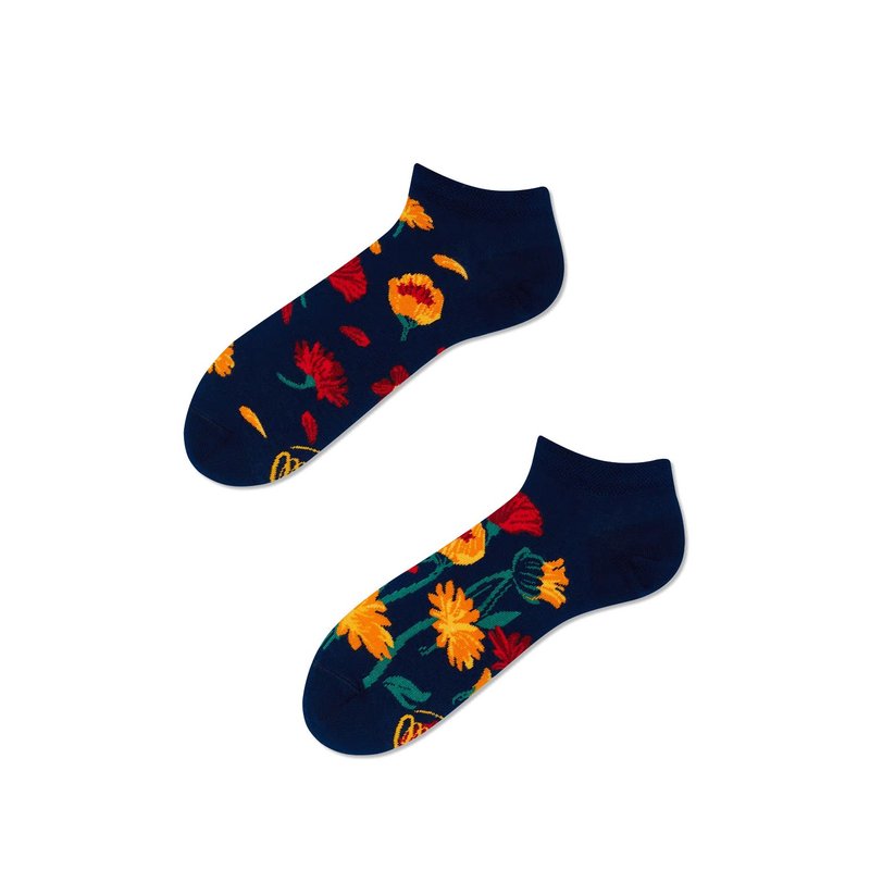 Flower Power Navy Mismatched Adult Low Sock - ถุงเท้า - ผ้าฝ้าย/ผ้าลินิน สีน้ำเงิน