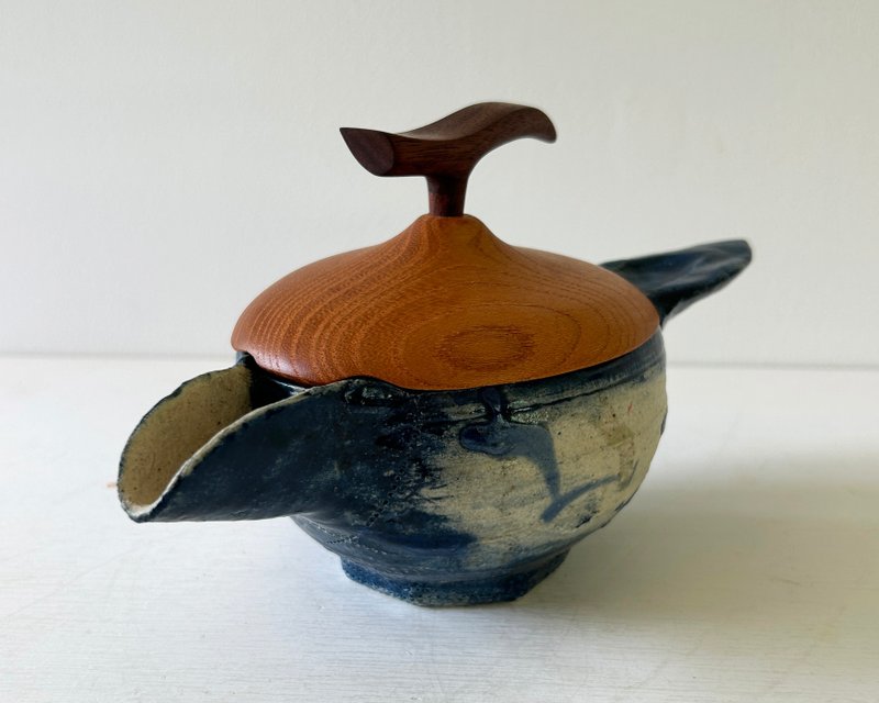 片口・持ち手・青 - 碗 - 陶 藍色