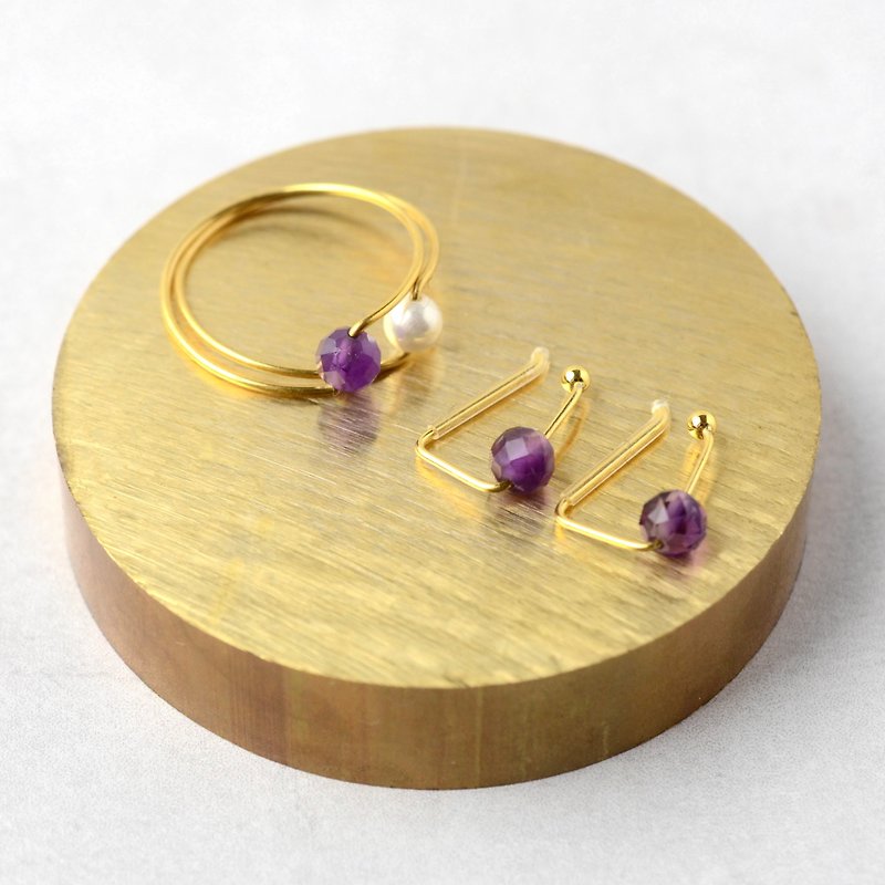 Spring Lucky Bag 2024 Amethyst Clip-On and Ring Set Surgical Stainless Steel Shell Pearl Birthday Gift - ต่างหู - เครื่องประดับพลอย สีม่วง